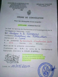 Togo, Intimidation de la Presse critique : Le DP du journal « Le Triangle Des Enjeux »  Jérôme Sossou, convoqué au sinistre Service de Recherches et d&rsquo;Investigations ( SRI )&#8230;