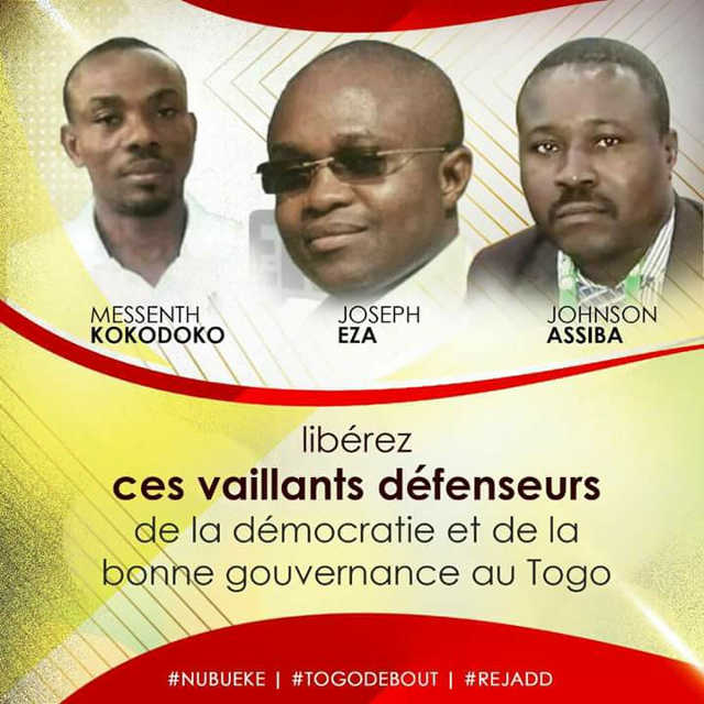 Togo : Les Défenseurs des Droits humains et de la Démocratie Assiba Johnson, Messenth Kokodoko et Joseph Eza doivent être libérés