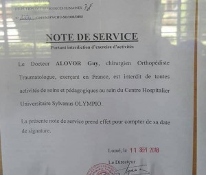 Togo: Interdiction d'activités pour le Dr Alovor Guy au CHU Sylvanus Olympio à Lomé