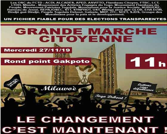 Le Front Citoyen Togo Debout marche ce mercredi 27 novembre 2019 à Lomé                                                                            25 novembre 2019
