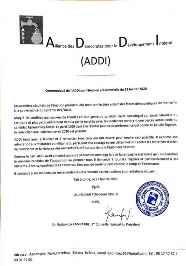 Présidentielle 2020 : Tchabouré GOGUE de l’ADDI félicite aussi Agbéyomé Kodjo
