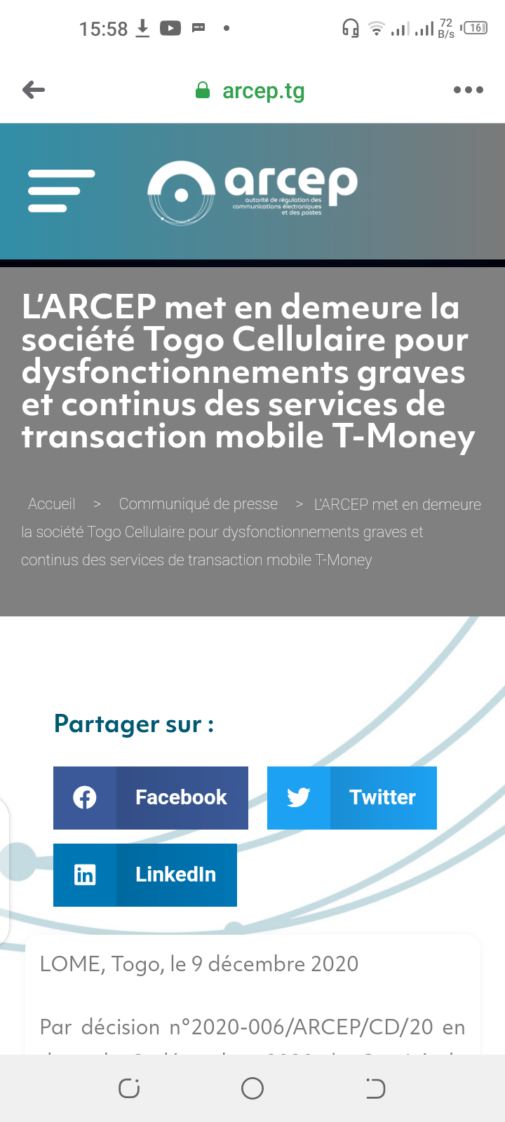 L’ARCEP met en demeure la société Togo Cellulaire pour dysfonctionnements graves et continus des services de transaction mobile T-Money